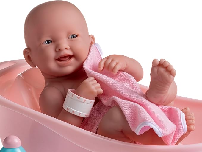 8 piece Layette Deluxe Bathtub Gift Set | JC Toys - La Newborn | 14" Life-Like Smiling Vinyl Newborn Doll w/ Accessories | Pink | Waterproof |Ages 2+