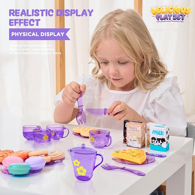 Tea Party Set for Little Girls, Pretend Dessert Food Set for Kids Age 3 4 5 6 7 8 9, Kids Kitchen Pretend Play Dessert Set for Girls Princess Boys (Purple)