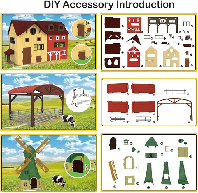 Farm Animals Figurines Toys -140 pcs Toy Set Barn Toy Horse Stable Tractor Trailer Windmill Farmer Fence Playset for Kids Toddlers Boy Girl 3-7 Years Old