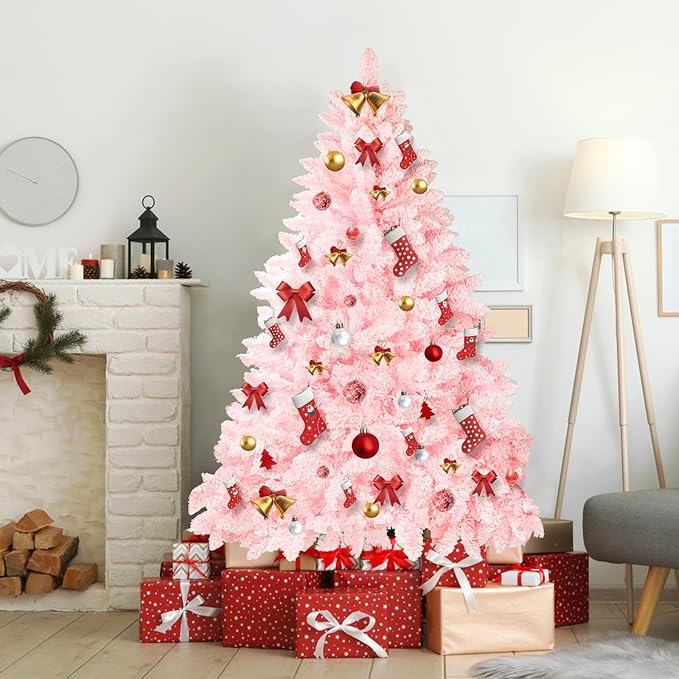 SUNCROWN 6ft Artificial Flocked Christmas Tree Premium Frosted Snow Christmas Tree Hinged Xmas Tree Holiday Decor for Indoor Outdoor, Foldable Metal Stand, 1000 Branch Tips, Pink