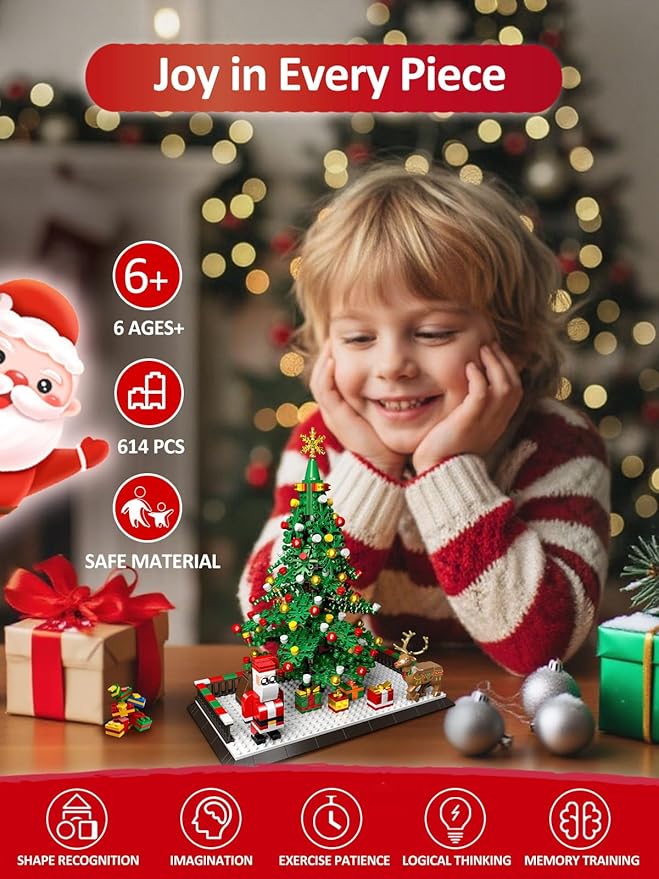 Christmas Tree Building Blocks, Christmas Decorations Set with Santa Claus & Reindeer, Creative Tabletop Decor Xmas Gifts Toys for Kids Adults Teen Boys & Girls