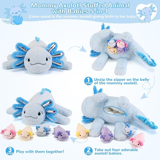 5 Pieces Axolotl Stuffed Animals with Babies Inside Belly - 1 Mommy Stuffed Axolotl with 4 Babies - Blue Axolotls Plush Toy for Kid Age 3-8, Gift Ideal for Christmas, Valentine's, Birthday