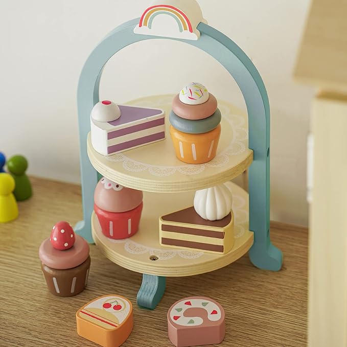 Wooden Dessert Cake Play Food Set Toys, Pretend Play Kids Tea Party Set for Little Girls Toddlers, Montessori Wooden Play Kitchen Accessories Sets for Kids