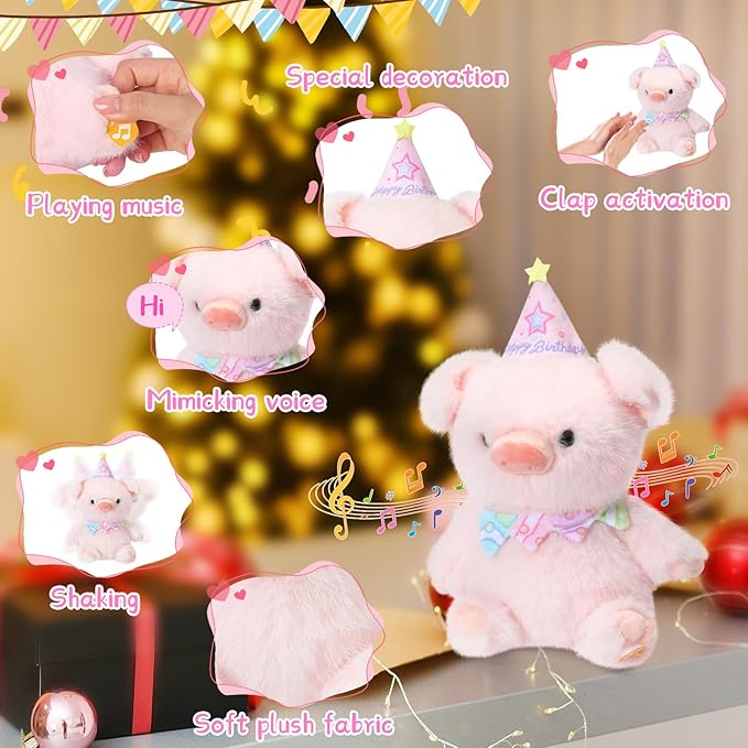 Birthday Piglet Plush Toy Clap Activated with Voice Recording Singing Dancing Interactive Stuffed Animal Gift for Toddler Kids Boys Girls