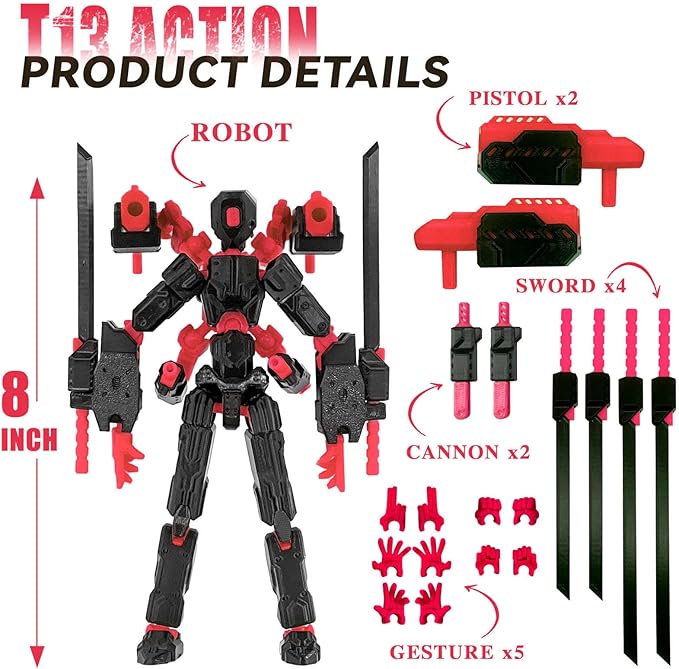8 inch T13 (Assembly Completed) Action Figure Set,T 13 Multi-Articular Mobile Robot Nova T-13,Desktop Decorations for Game Lovers Toys (Black Red)