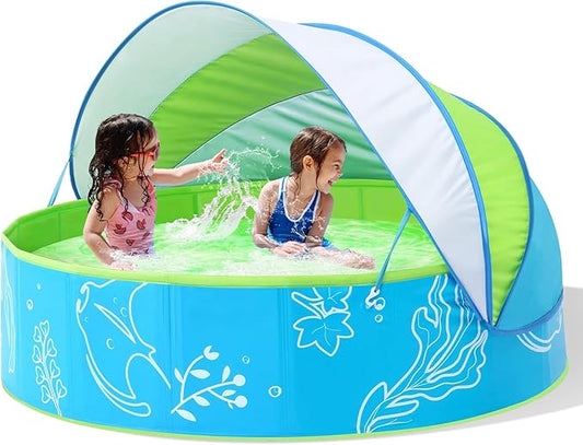 Foldable Kiddie Pool with Canopy: 47in Baby Pool and Beach Tent for Toddlers Infants 6-12 Months and Kids 2-4 Years Old - Portable Water Play with Shade for Outdoor Backyard Beach (Blue-Green)