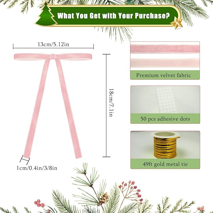 24Pcs Velvet Ribbon 5 x 7 Inch Christmas Ribbon 3/8 Inch Wide Christmas Bows Vintage Velvet Bows for Christmas Tree Pink Bows for Christmas Tree Decorations