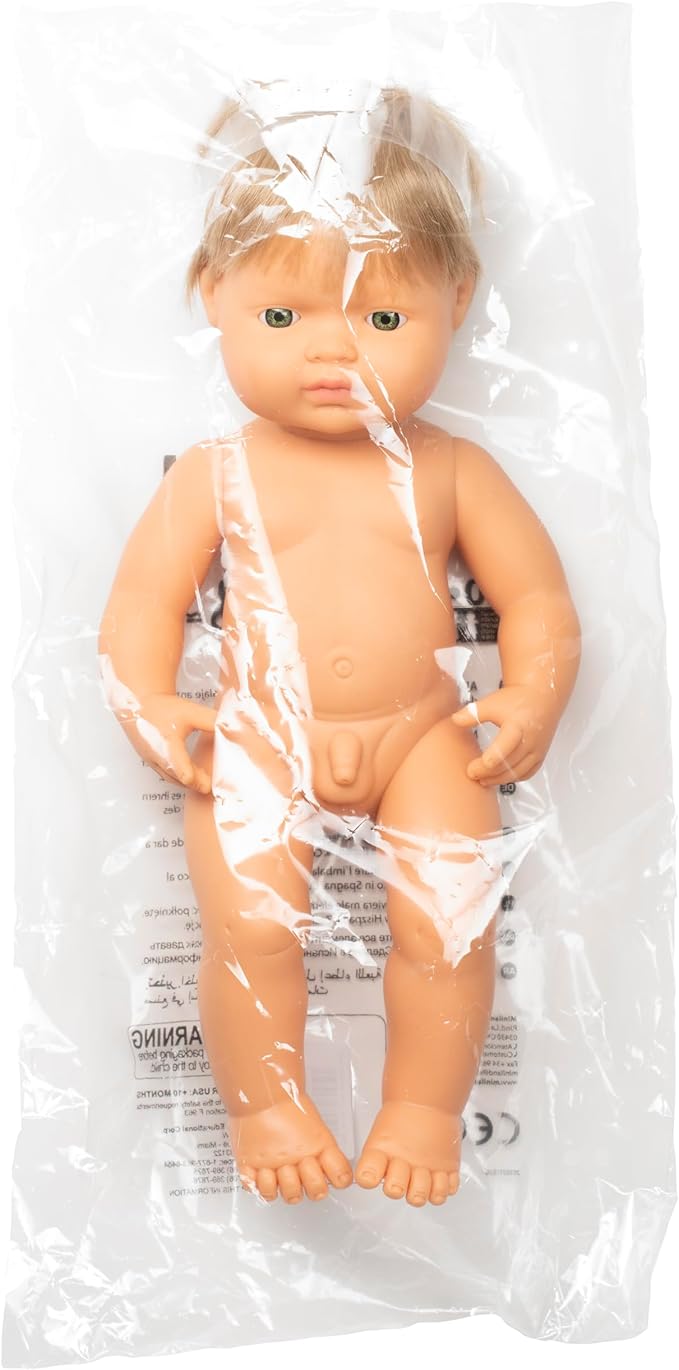 Miniland Doll 15'' Caucasian Dirty Blond Boy (Polybag) - Made in Spain, Anatomically Correct, Quality
