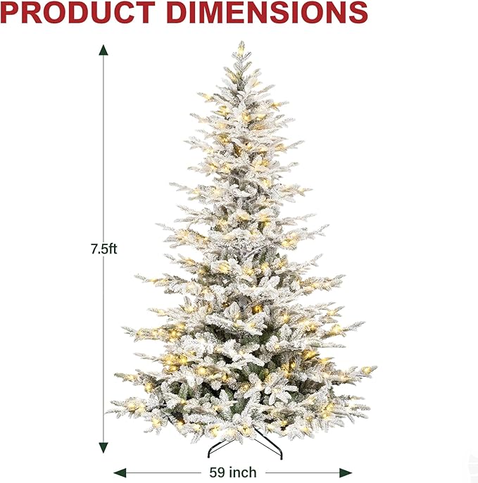 Hykolity 7.5ft Prelit Snow Flocked Aspen Fir Christmas Tree with 450 Clear LED Lights, Realistic 1173 PE PVC Branch Tips, Foldable Metal Stand and Premium Hinged Branches
