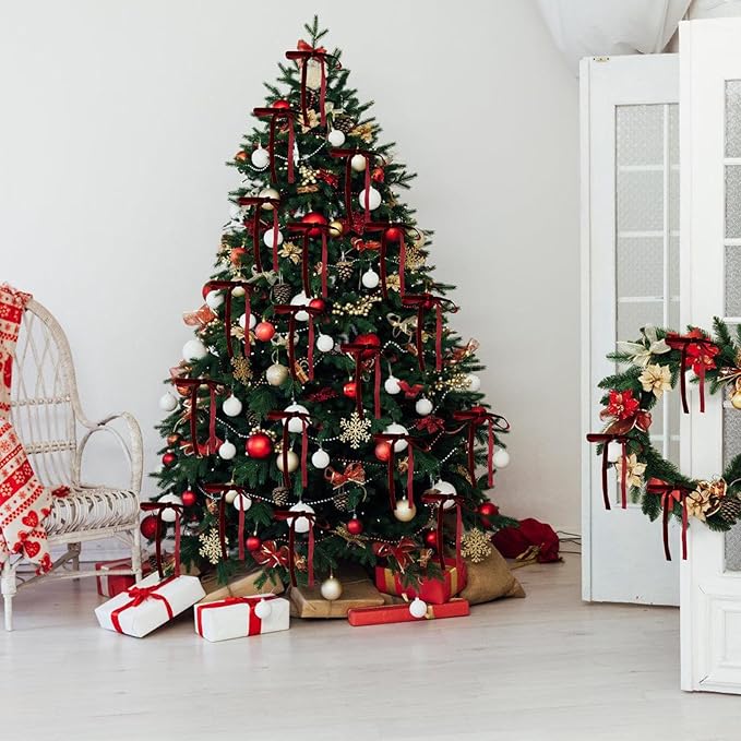 24Pcs Velvet Ribbon 5 x 7 Inch Christmas Ribbon 3/8 Inch Wide Christmas Bows Vintage Velvet Bows for Christmas Tree Burgundy Bows for Christmas Tree Decorations