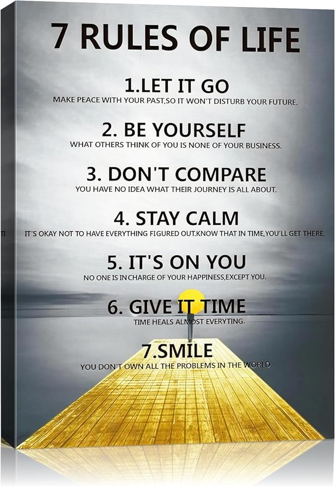 7 Rules of Life Motivational Wall Decor Inspirational Wall Art for Office & Home - Positive Quotes Canvas Prints Ready to Hang, Uplifting Wall Decor for Living Room, Bedroom or Office Wall Art