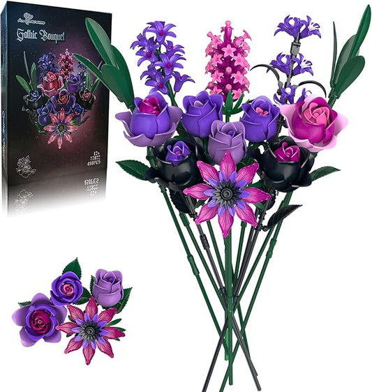 Purple Rose Bouquet Building Set - Compatible with Lego Flowers for Adults Women - Gothic Home Office Table Centerpiece Decor, Halloween Christmas Valentine's Gift