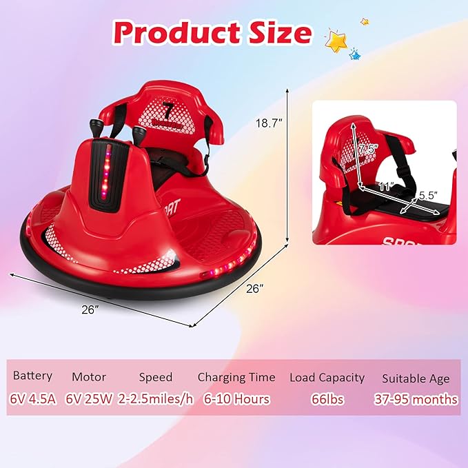 HONEY JOY 12V Bumper Car for Toddlers, Baby Ride on Bumper Car w/Dual Joysticks, Flashing LED Light & 360 Degree Spin, Electric Vehicle for Kids, Ride on Car w/Remote Control, Gift for Boys Girls