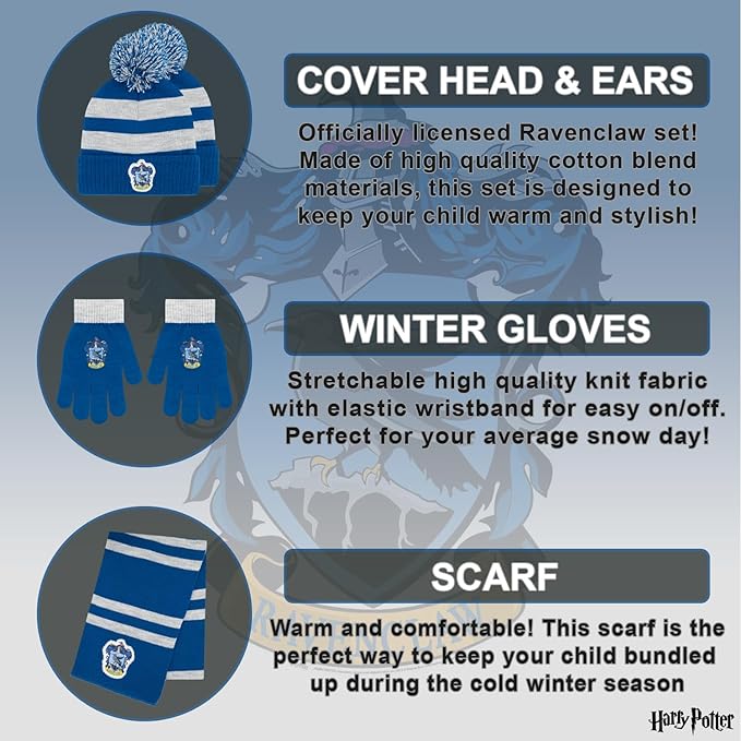 Harry Potter Winter Hat and Gloves with Set, Gryffindor, Slytherin, Hufflepuff, Ravenclaw, Winter Set 5-13 Year Olds