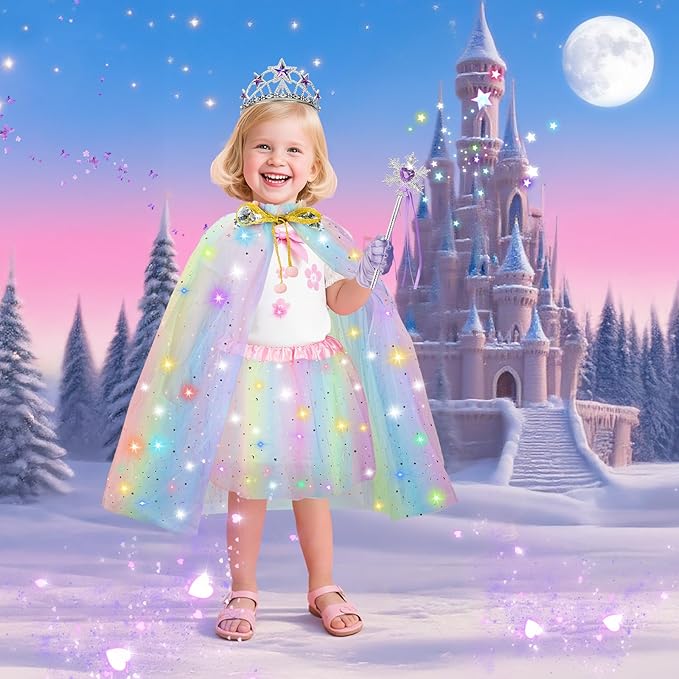Princess Dress Up for Girls, Light Up Princess Costume Cape Set, Birthday Gifts Toys for Girls 3 4 5 6 Years Old