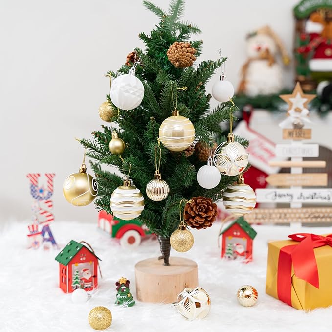 100Pcs Christmas Ball Ornaments Set, Shatterproof Plastic Gold and White Christmas Ornaments for Xmas Tree, Assorted Baubles Hanging Decorations for Holiday/Party/Wedding