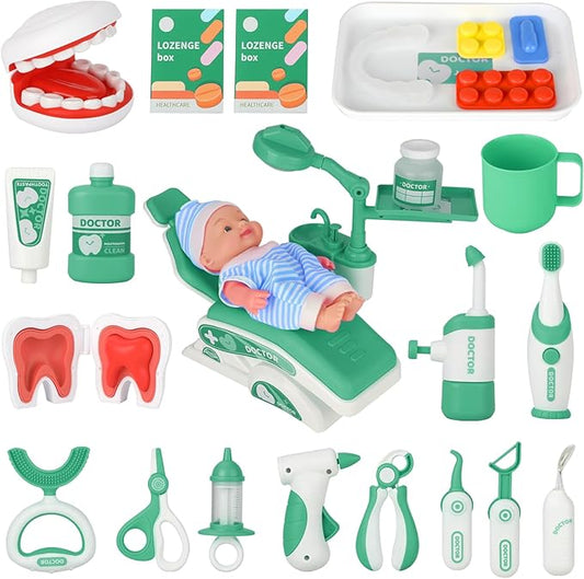 Doctor Kit for Toddlers 3-5, 28 Pcs Kids Dentist Play Set for Girls Boys Gift, Pretend Play Medical Kit with Chair, Dental Tools, Cute Doll, Kids Role Play Dentist Gift for Birthday Christmas(Green)