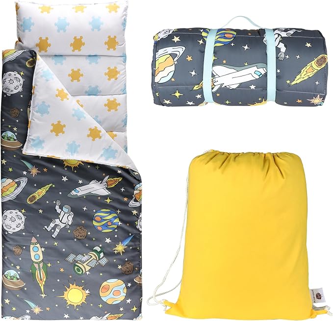 Toddlers Nap Mat with Removable Pillow and Soft Blanket, Lightweight Daycare Preschool Kindergarten Sleeping Bag, Travel Slumber for Kids Girls Boys