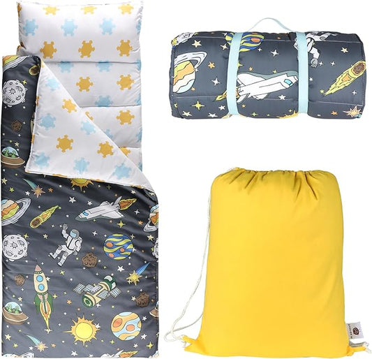 Toddlers Nap Mat with Removable Pillow and Soft Blanket, Lightweight Daycare Preschool Kindergarten Sleeping Bag, Travel Slumber for Kids Girls Boys