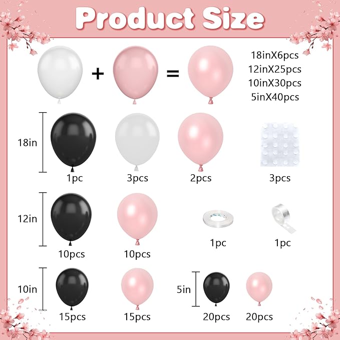 Pearl Pink and Black Balloon Arch Kit, Double Stuffed Pink Black Balloons Garland 18/12/10/5 Inch Pearl Balloons for Baby Shower Birthday Wedding Bridal Shower Party Decor