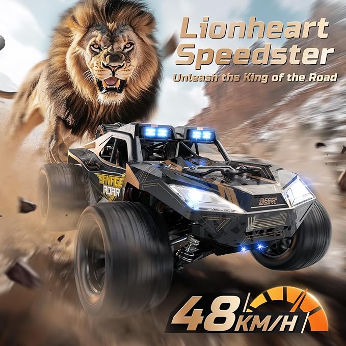 DEERC 1:14 Crawler RC Car, 48Kph High Speed RC Truck with LED Headlight for Boys Aldult, Offroad 4x4 2.4Ghz Remote Control Car, Monster Truck Toy, 2 Batteries, 40 Mins Running Time