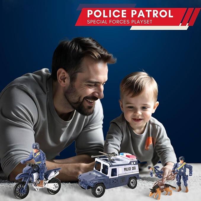Liberty Imports 8 PCS Police Rescue Patrol Toy Vehicles and Figures Playset - Helicopter, SWAT Truck, Motorcycle, Action Figures, K-9, Weapons, and Accessories for Kids Imaginative Pretend Play