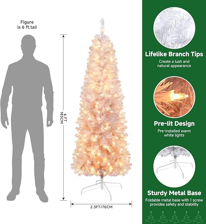 SHareconn 6ft Prelit Artificial Hinged Slim Pencil Christmas Tree with Warm White Lights, Full Branch Tips, Perfect Choice Decoration for Xmas Holiday, 6 FT, White