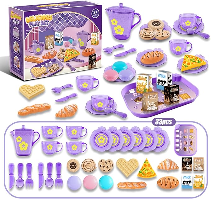 Tea Party Set for Little Girls, Pretend Dessert Food Set for Kids Age 3 4 5 6 7 8 9, Kids Kitchen Pretend Play Dessert Set for Girls Princess Boys (Purple)