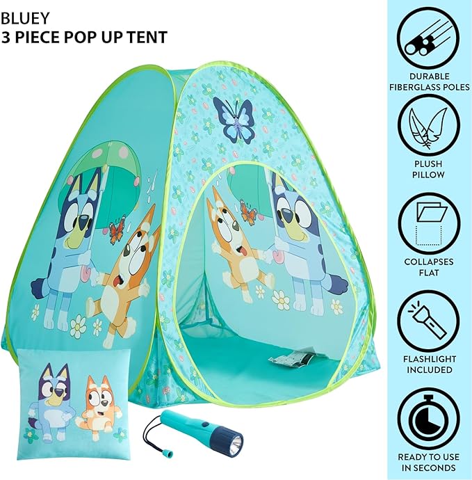 Bluey 3-Piece Adventure Slumber Set,Pop-Up Play Tent,Pillow & Flashlight,Fun Playhouse for Kids Ages 3+