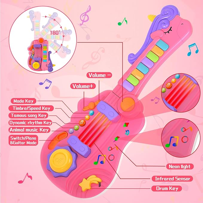 M SANMERSEN Kids Guitar Toddler Toys Guitar for Girls Kids 3 4 5 Year Old 3-in-1 Electric Guitars with Piano Drum Toddler Musical Toy with Strap Light Up Boys Girls Birthday Christmas Easter Gifts
