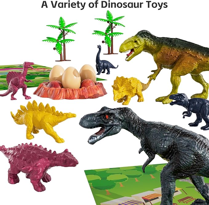 TEMI Dinosaur Truck Toy for Kids 3-5 Years, Triceratops Transport Car Carrier with 8 Dino Figures, Activity Play Mat, Dino Eggs and Trees, Capture Jurassic Dinosaurs Play Set for Boys and Girls