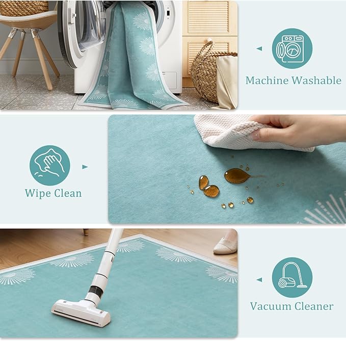 Modern Bedroom Rug 8x10 Under Bed, Low Pile Teal Washable Rugs for Living Room,Soft Sun Printed Large Rug,Aqua Dining Room Rugs for Under Table Classroom Dorm(8x10ft,Teal)