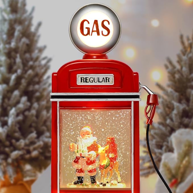 Christmas Snow Globe Lantern Santa in Gas Station with Music, Spinning Water lamp with 6H Timer, Christmas Decorations Festival Ornament for Kids