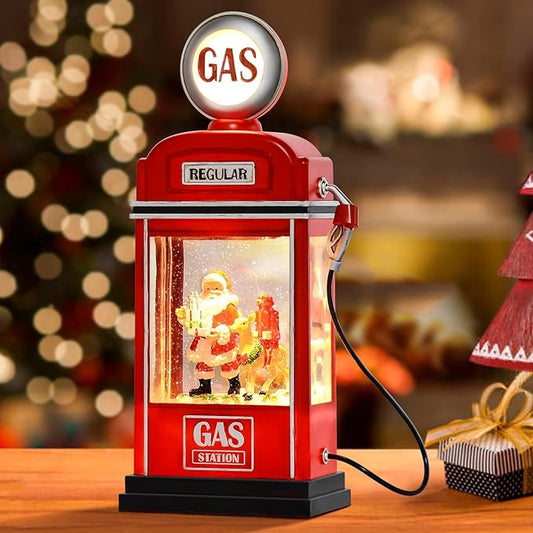 Christmas Snow Globe Lantern Santa in Gas Station with Music, Spinning Water lamp with 6H Timer, Christmas Decorations Festival Ornament for Kids