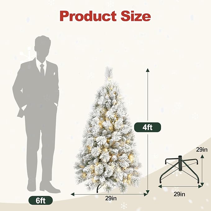 4 Ft Prelit Snow Flocked Christmas Tree with 150 Warm LED Lights, Premium Holiday Artificial Xmas Tree with 350 Realistic Branch Tips, Metal Stand for Indoor Home/Office Decor (Easy Assembly)