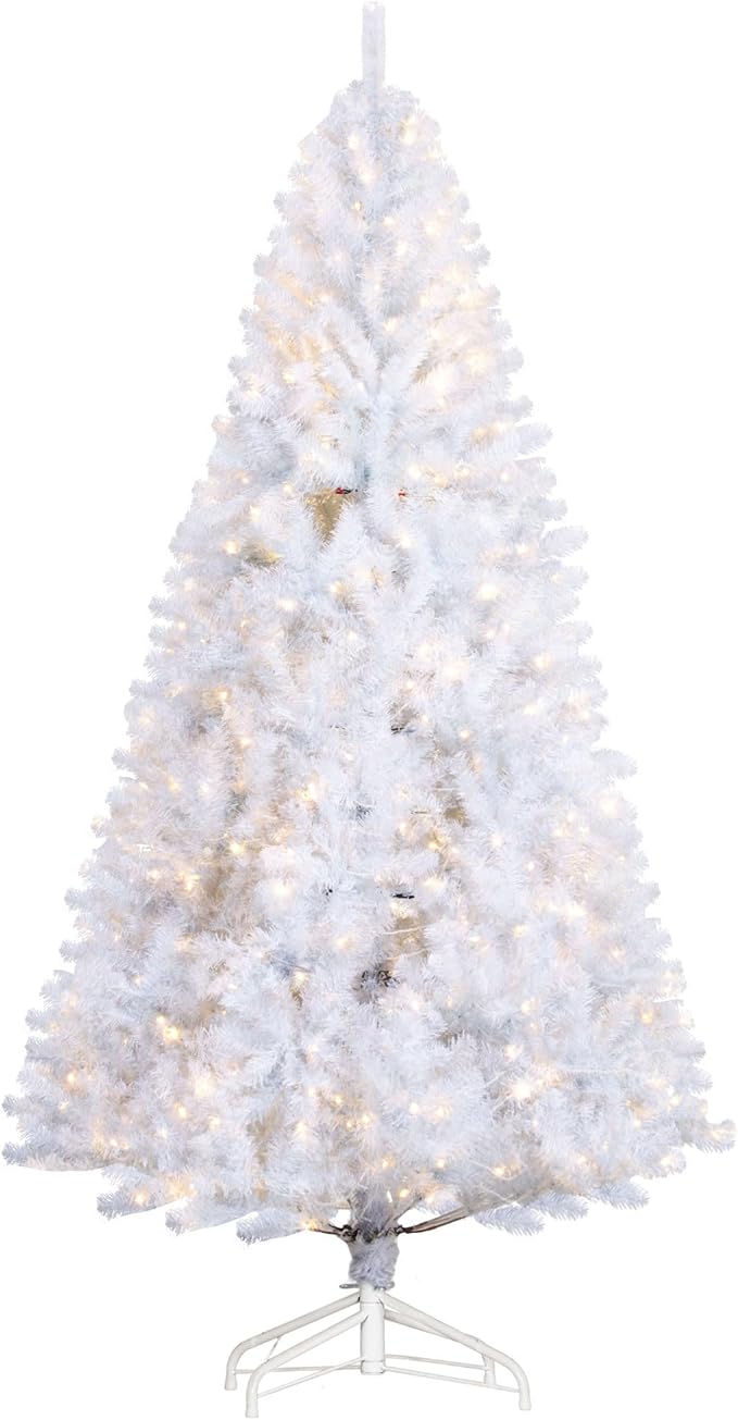 HOMCOM 7.5' Tall Prelit Christmas Tree Douglas Fir Artificial Christmas Tree with Realistic Branches, 500 Warm White LED Lights and 1346 Tips, White