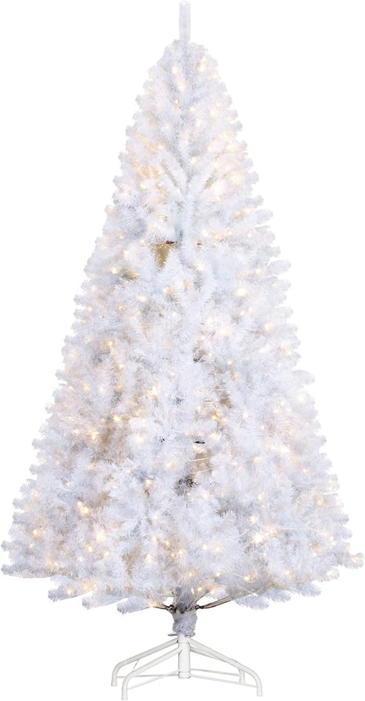 HOMCOM 7.5' Tall Prelit Christmas Tree Douglas Fir Artificial Christmas Tree with Realistic Branches, 500 Warm White LED Lights and 1346 Tips, White