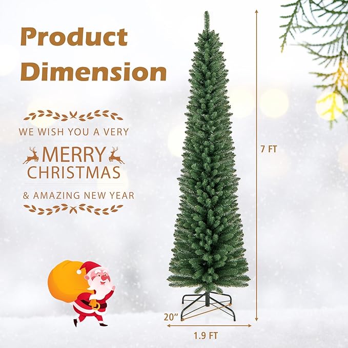 GOFLAME 7FT Pencil Christmas Tree, Slim Artificial Xmas Tree with 523 Memory Wire Branch Tips & Upgraded Metal Stand, Seasonal Holiday Decoration Tree for Home Office Party