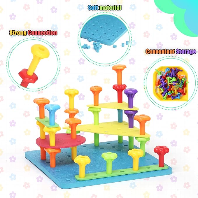 Peg Board Toy set 70Pcs DIY Building Stacking Toys for Kids 3-6 Years Old,STEM Educational Kids Toy for Brain Development,Montessori Sensory Toys,Upgrade Various Foam Board Plastic Lacing String Game