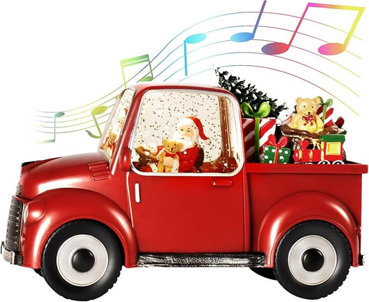 Musical Red Truck Snow Globe with Swirling Glitter with Santa, Christmas Tree,Gifts,Bear,Small Train,Christmas Decoration