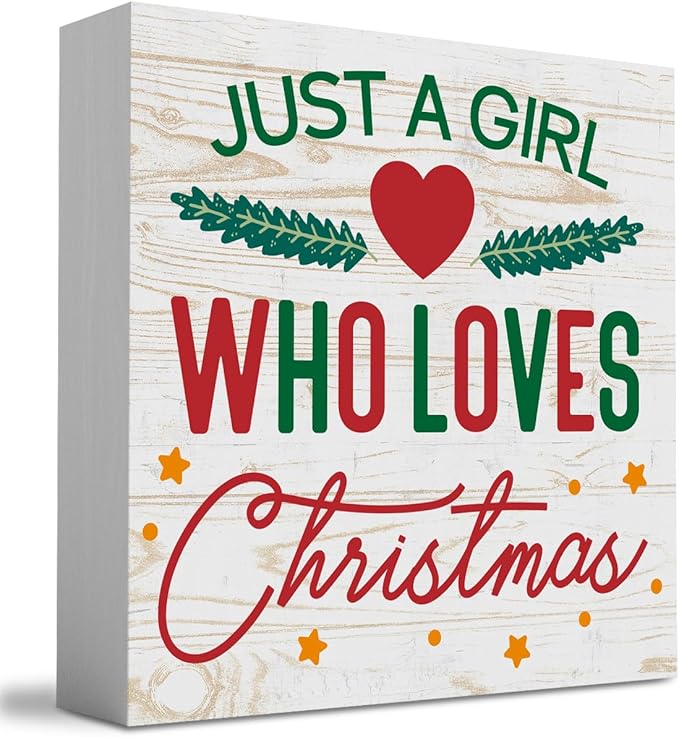 Rustic Just A Girl Who Loves Christmas Tree Wood Box Sign, Farmhouse Christmas Santa Artwork Decor, Wood Square Sign Desk Block Signs Home Shelf Office Decoration 5 x 5 Inches