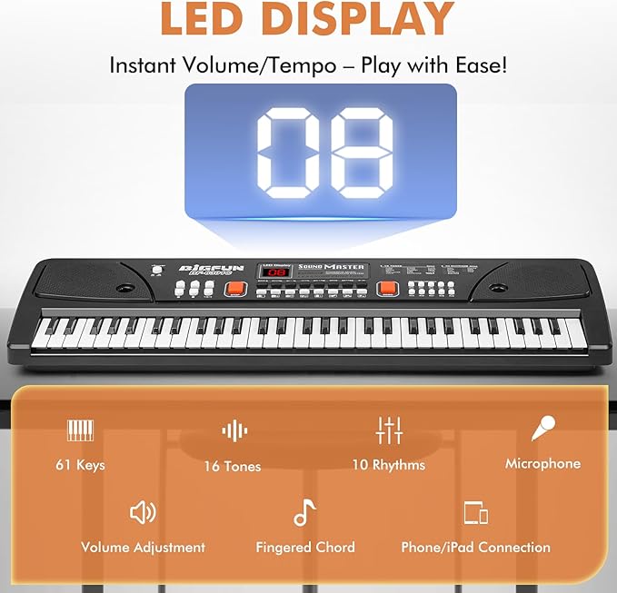 61-Key Kids Piano Keyboard for Beginners - Rechargeable Electronic Music Toy Piano with Music Stand Microphone LED Display AUX in - Birthday for 3-9 Year Old Boys Girls (Black)