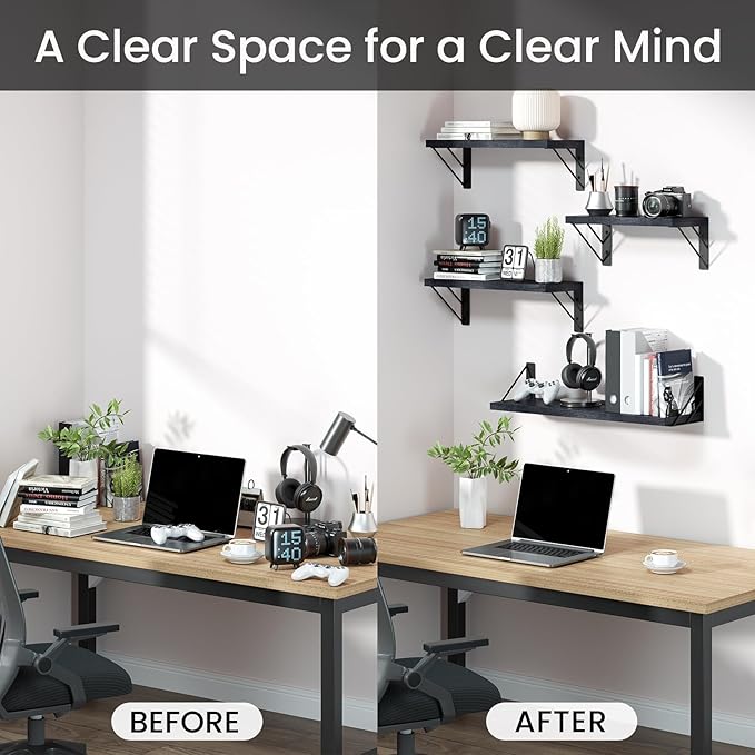 BAYKA Wall Mounted Floating Shelves, Wood Floating Wall Shelf for Books & Decor, Small Space-Saving Display & Organizer（Black，Set of 3）