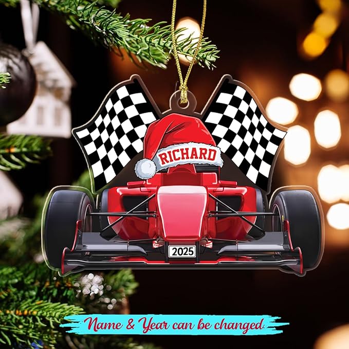 Personalized Racing Car Shaped Christmas Ornament 2025, Unique Racing Keepsake Xmas Ornament Gift for Men Women Racer Speed Lovers, Customized Year & Name Car Sport Racer Christmas Tree Ornaments