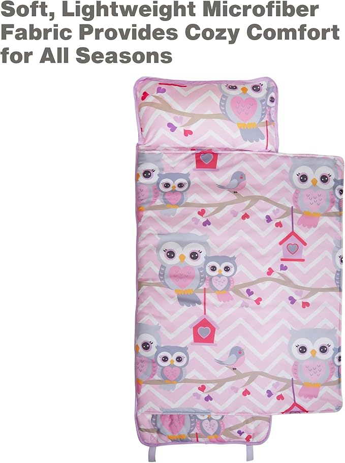 EVERYDAY KIDS Nap Mat with Removable Pillow - Sweet Owls - Carry Handle with Straps Closure, Rollup Design, Soft Microfiber for Preschool, Daycare, Travel Sleeping Bag - Ages 3-6 Years
