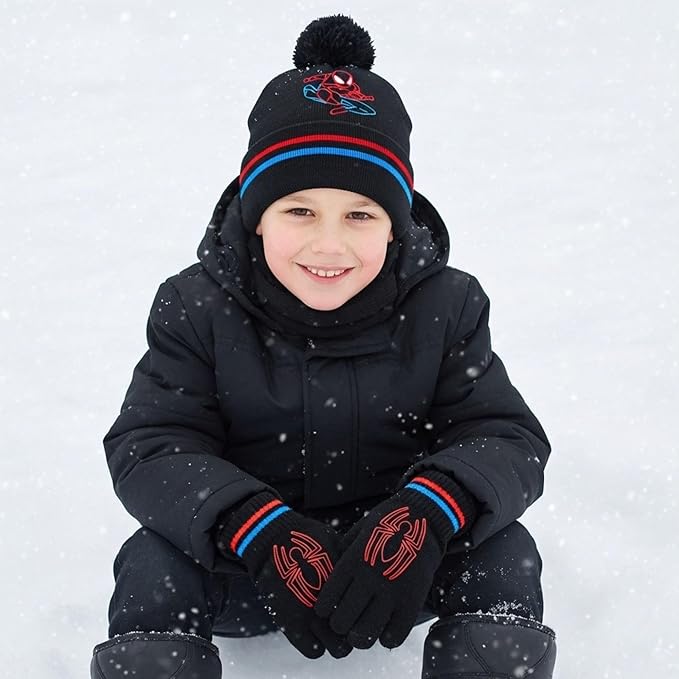 Marvel Spider-Man Kid’s Winter Hat and Snow Gloves for Boys and Toddlers, 2 Pc. Set, Pom-Pom Beanie with Warm Mittens