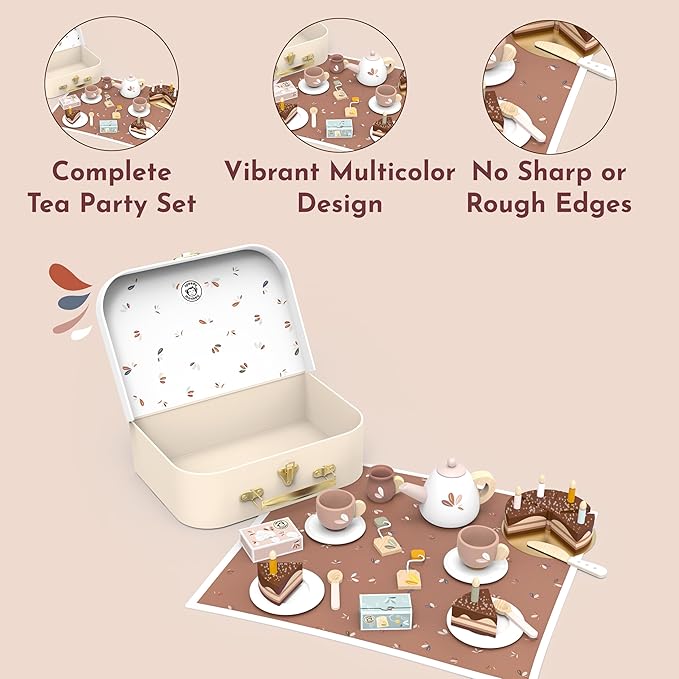 SPEEDY MONKEY Birthday Tea Set for Kids – FSC Wooden Pretend Play Tea Party & Food Set with Teapot, Cups, Cake & Tea Bag – Toddler Girls Imaginative Role Play Kitchen Toy – Colorful Gift for Dollhouse