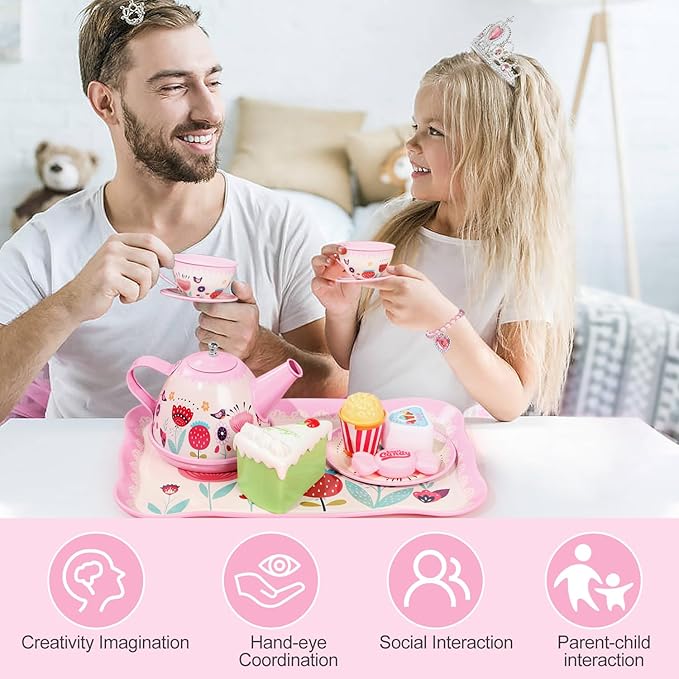 Tea Party Set for Little Girls, 49PCS Princess Tea Time Toys Including Tea Set Dessert Carrying Case, Kids Kitchen Pretend Playset, Montessori Toys for Toddlers 3 - 8 Year Old Girl Birthday Gifts