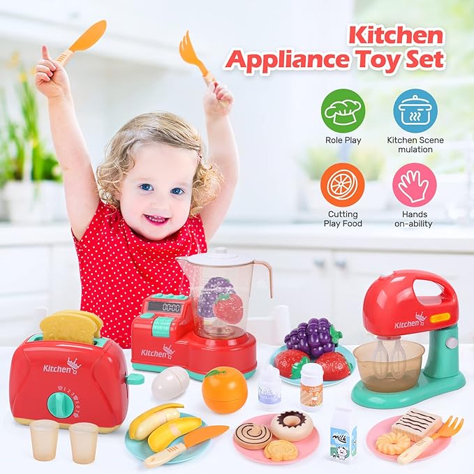 CUTE STONE Toy Appliances Playset, Kids Mixer and Blender with Sound & Lights, Toaster, Cutting Play Food, Toddler Kitchen Accessories Set for Boys & Girls