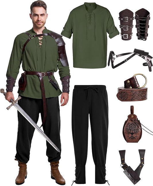 8 Pcs Men's Renaissance Costume Halloween Medieval Pirate Shirt Pant Viking Costume Accessories Set